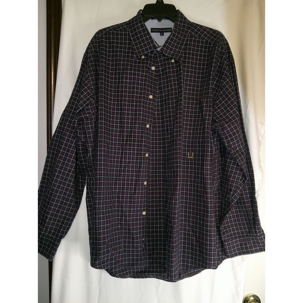 TOMMY HILFIGER‎ Vintage Men's XL Blue Plaid Long Sleeve Button Down Shirt Pocket